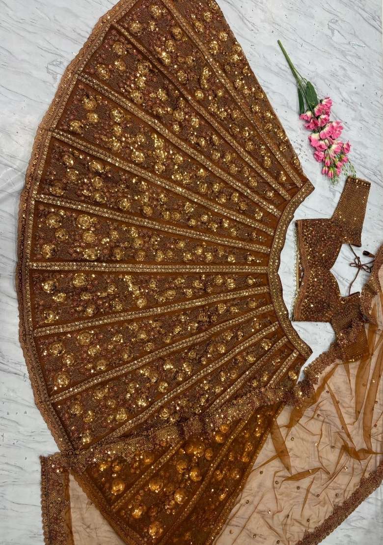 Copper Embroidered Net Lehenga Set - Indya