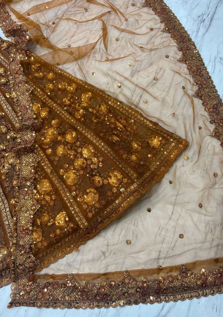 Copper Embroidered Net Lehenga Set - Indya