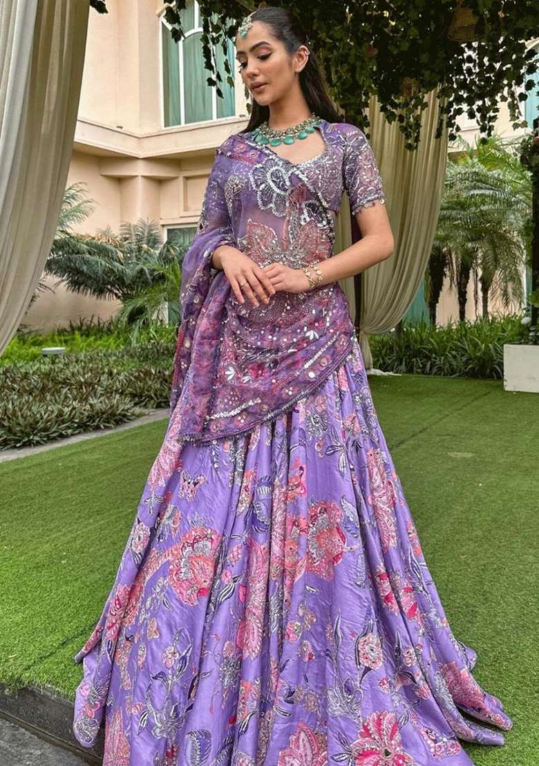 Purple Embroidered Silk Lehenga Set - Indya