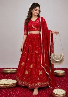Red Embroidered Georgette Lehenga Set