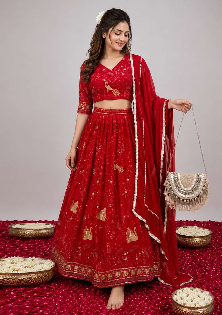 Red Embroidered Georgette Lehenga Set - Indya