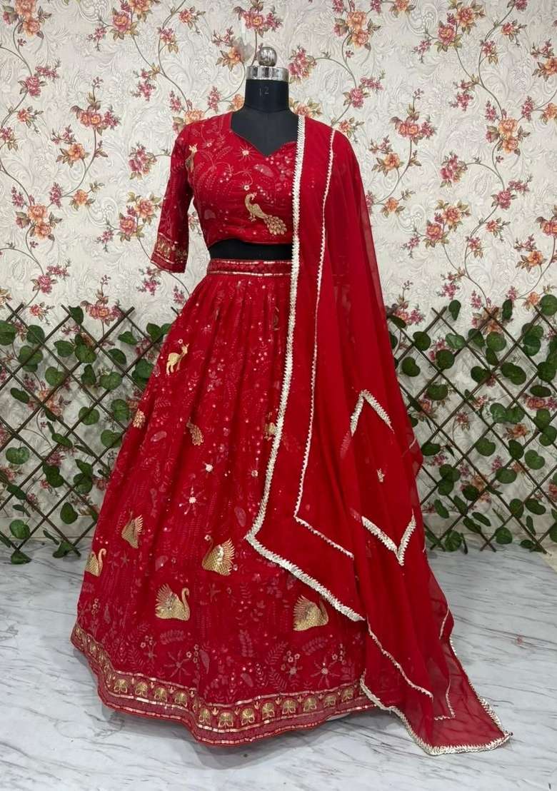 Red Embroidered Georgette Lehenga Set - Indya