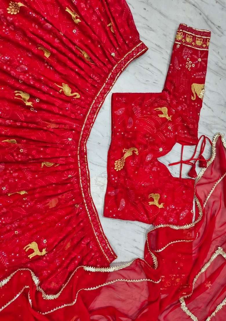 Red Embroidered Georgette Lehenga Set - Indya