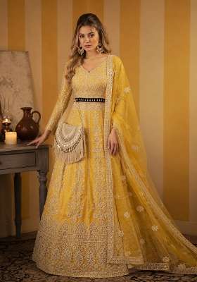 Yellow Embroidered Net Lehenga Set