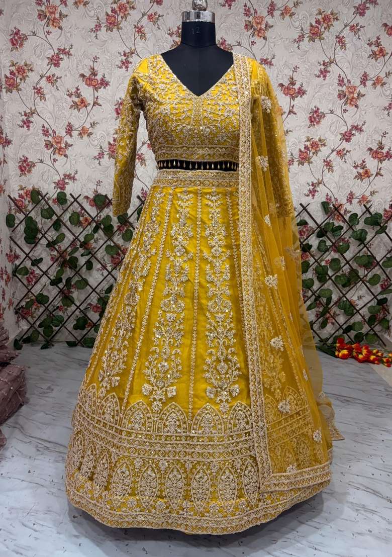 Yellow Embroidered Net Lehenga Set - Indya
