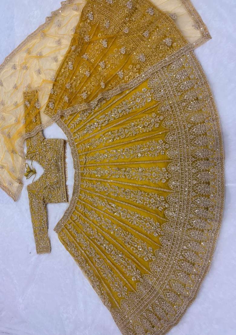 Yellow Embroidered Net Lehenga Set - Indya