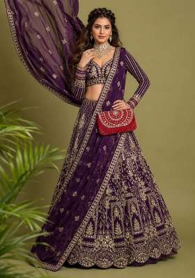 Wine Sequin Work Net Lehenga Set