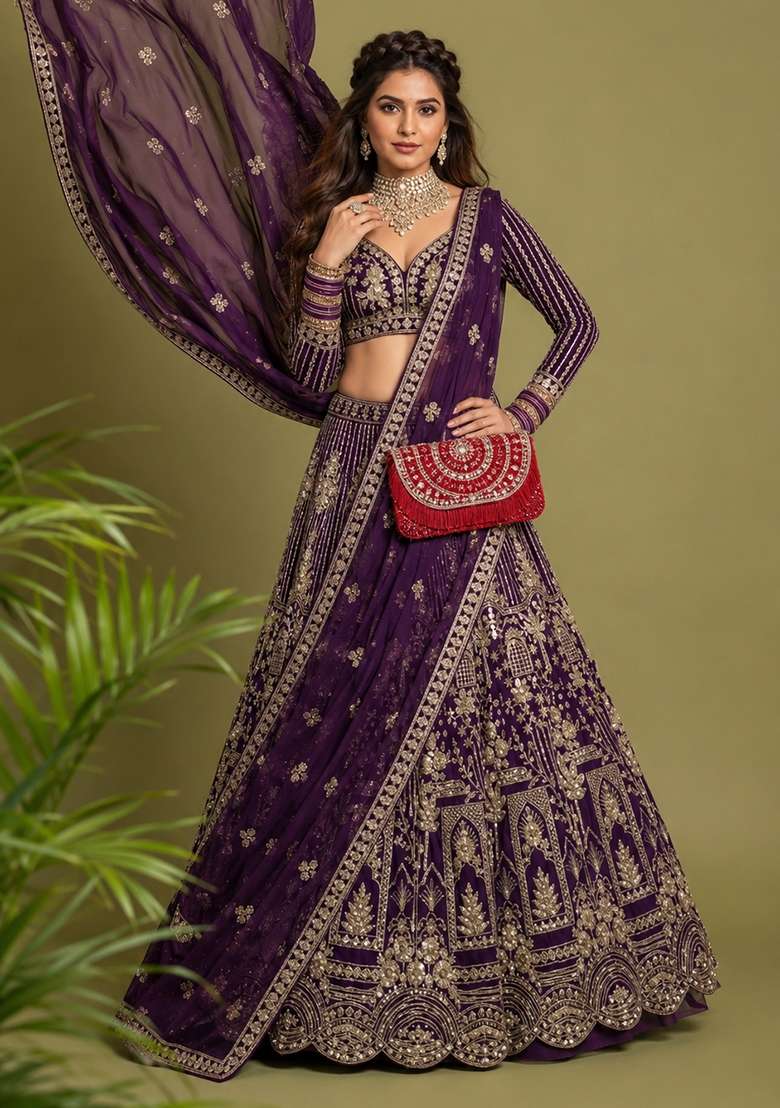 Wine Sequin Work Net Lehenga Set - Indya
