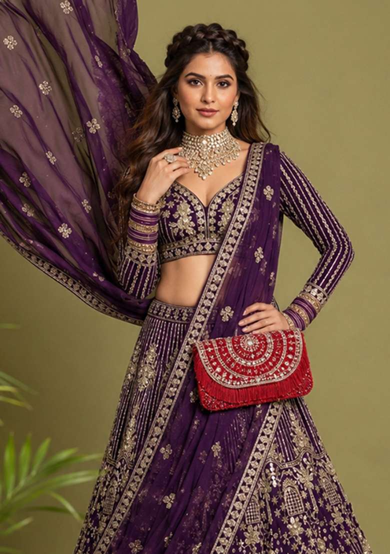 Wine Sequin Work Net Lehenga Set - Indya