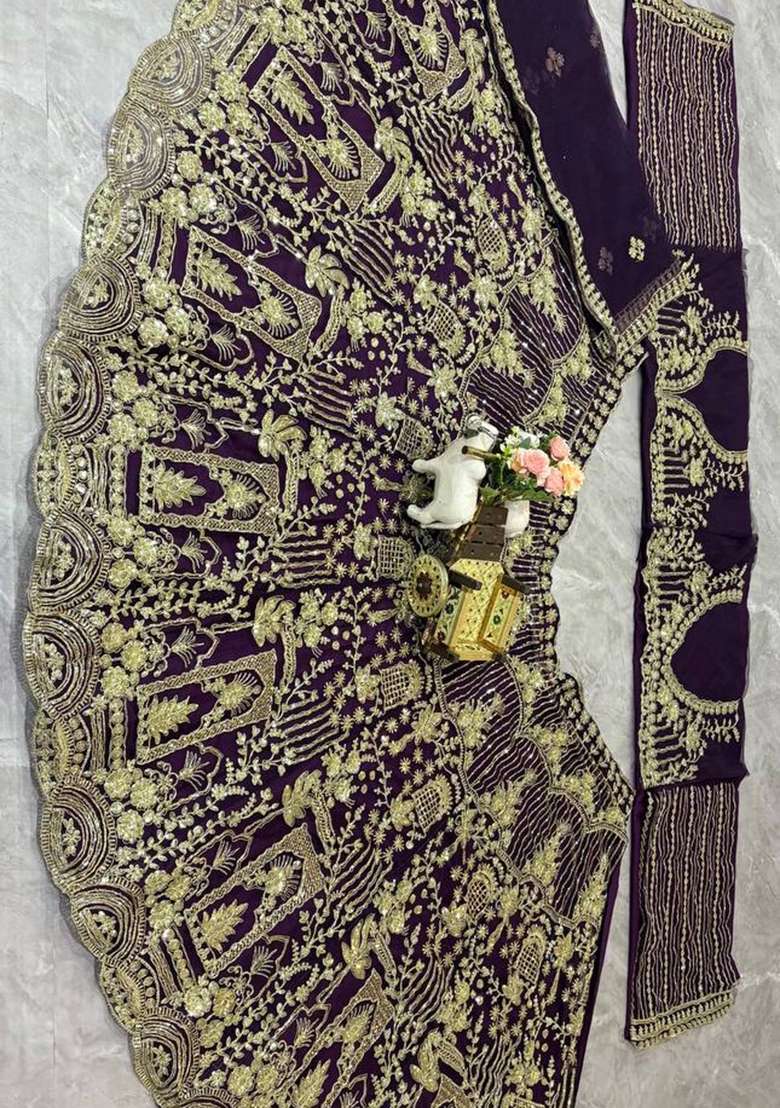 Wine Sequin Work Net Lehenga Set - Indya