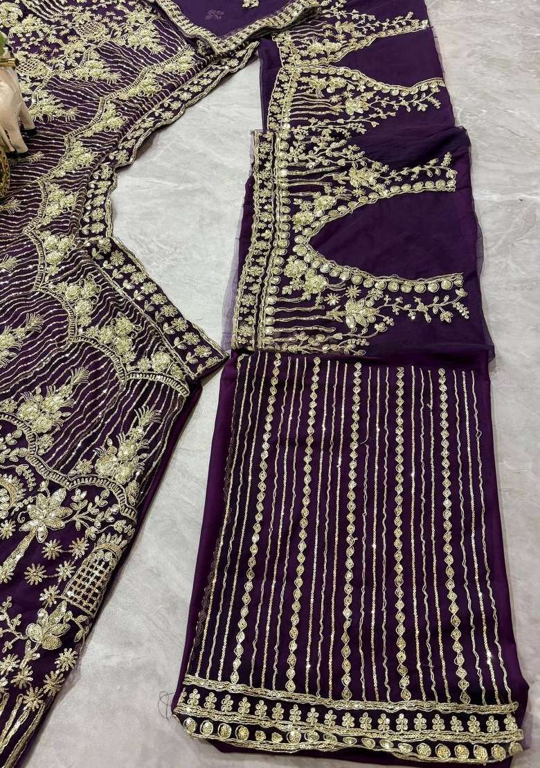 Wine Sequin Work Net Lehenga Set - Indya