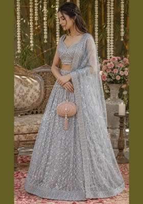 Silver Sequin Work Net Lehenga Set