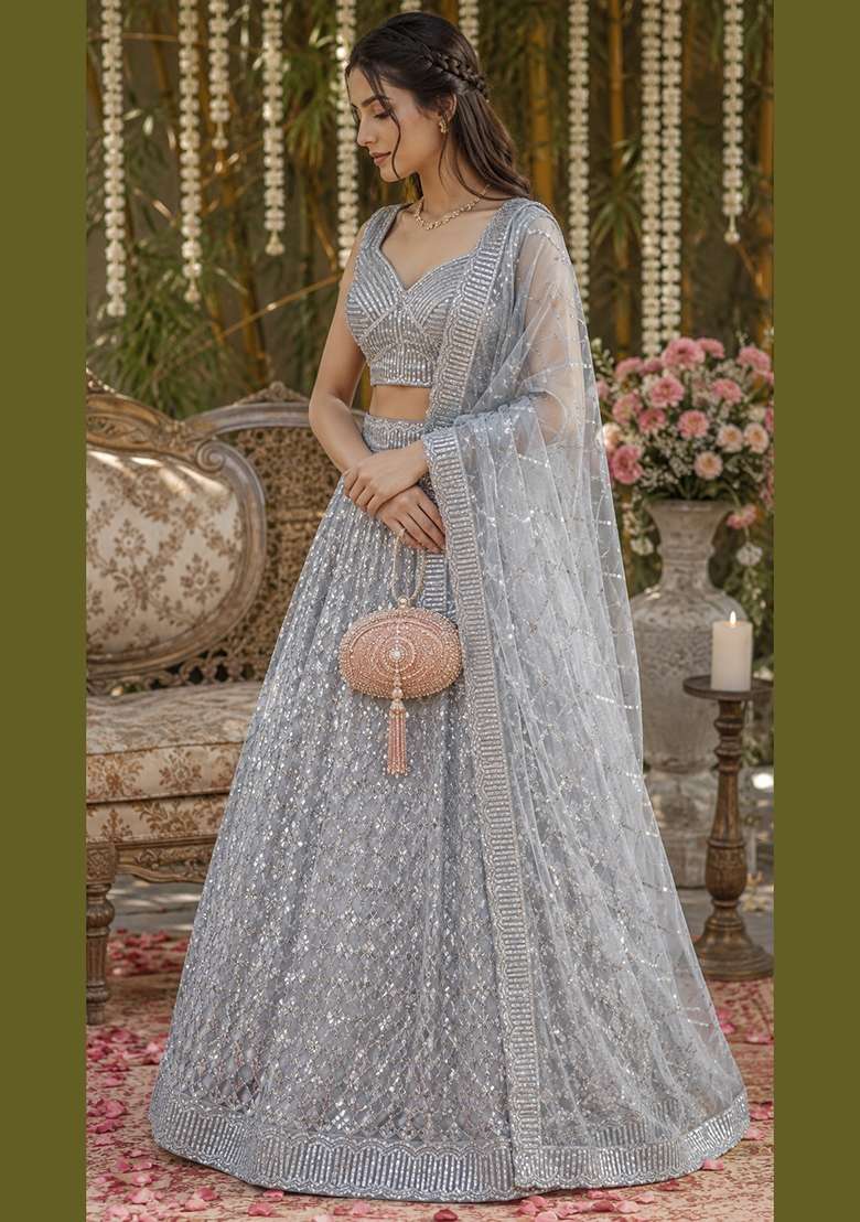 Silver Sequin Work Net Lehenga Set - Indya