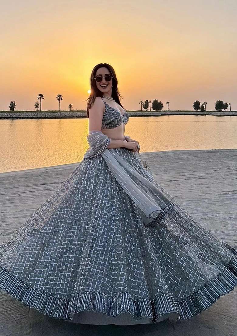 Silver Sequin Work Net Lehenga Set - Indya