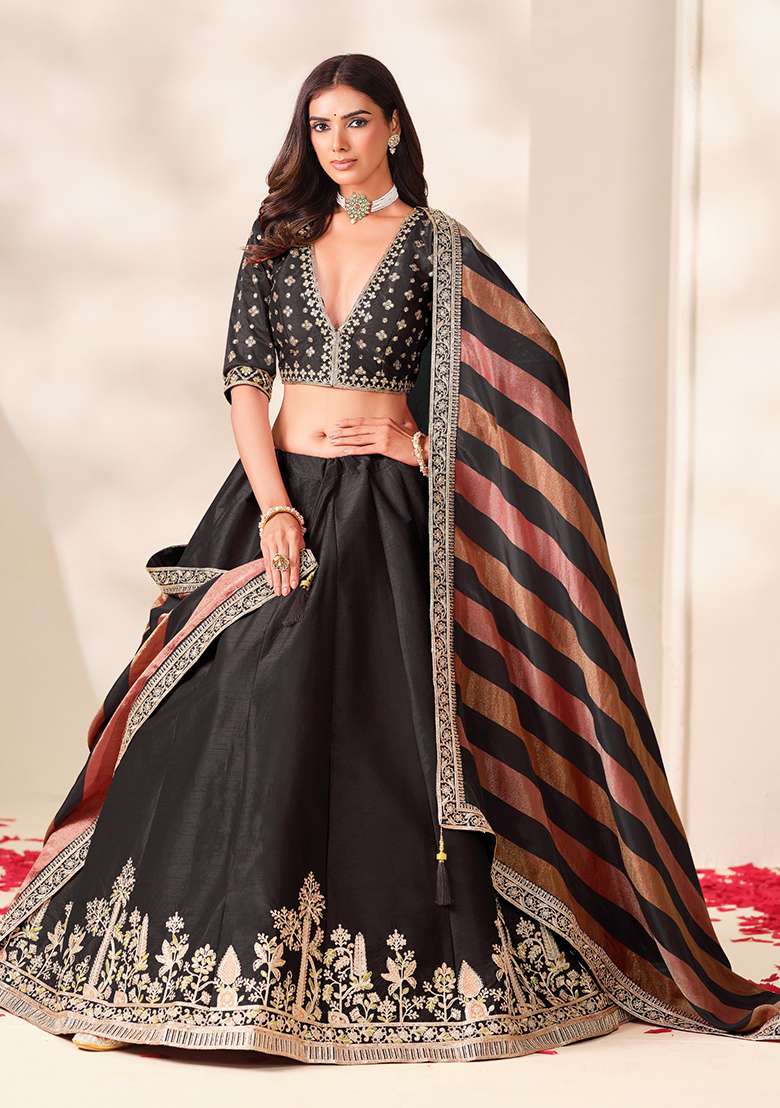 Black Embroidered Silk Lehenga Set - Indya