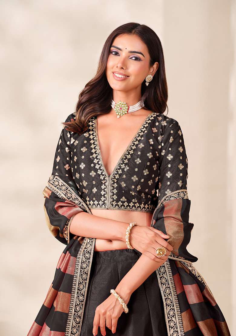 Black Embroidered Silk Lehenga Set - Indya