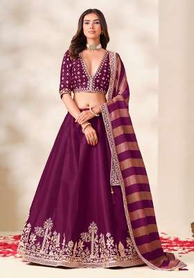 Wine Embroidered Silk Lehenga Set