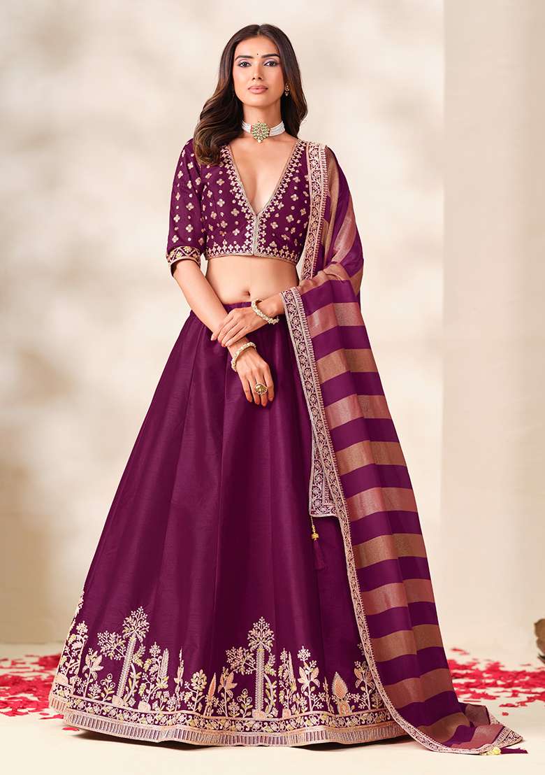 Wine Embroidered Silk Lehenga Set - Indya