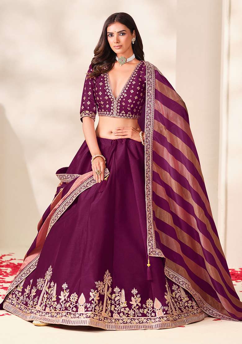 Wine Embroidered Silk Lehenga Set - Indya