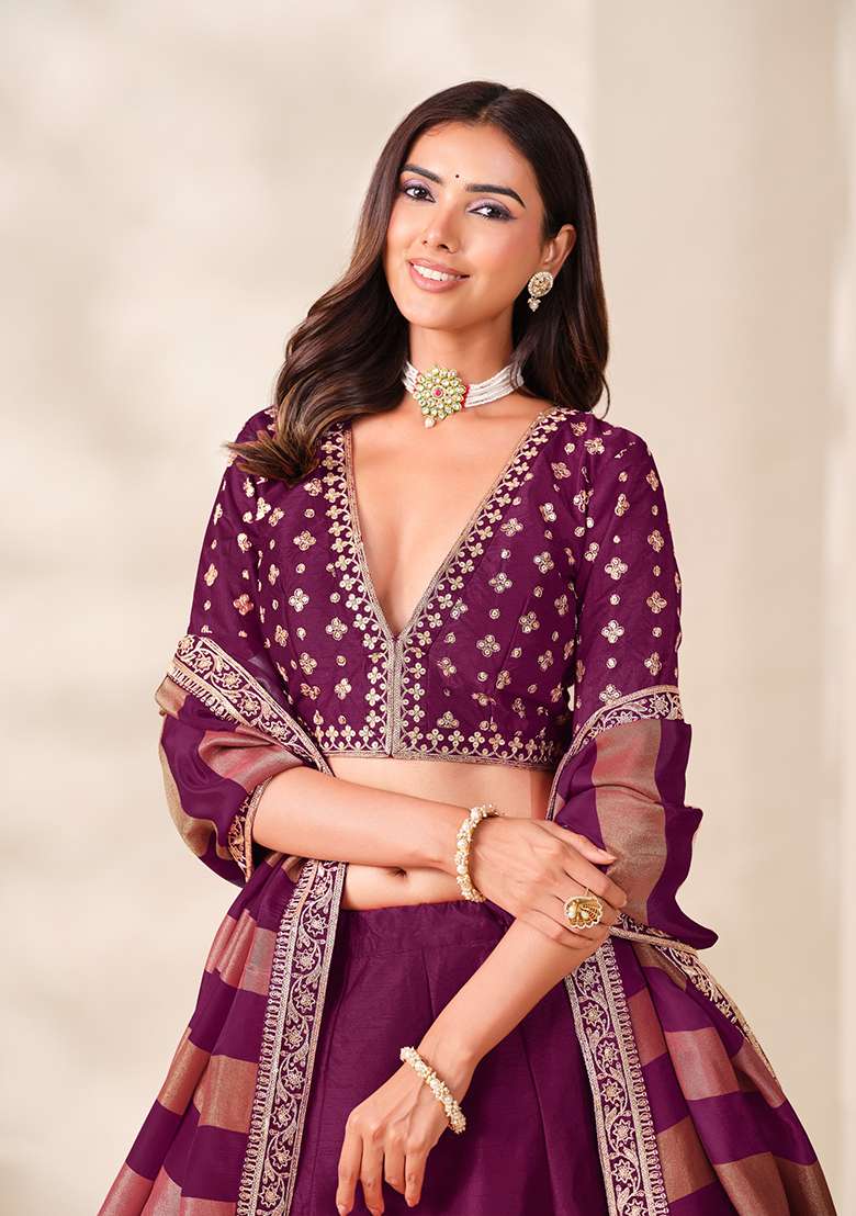 Wine Embroidered Silk Lehenga Set - Indya