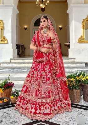 Red Embroidery Silk Lehenga Set