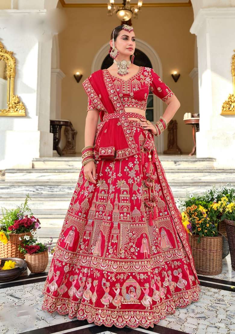 Red Embroidery Silk Lehenga Set - Indya