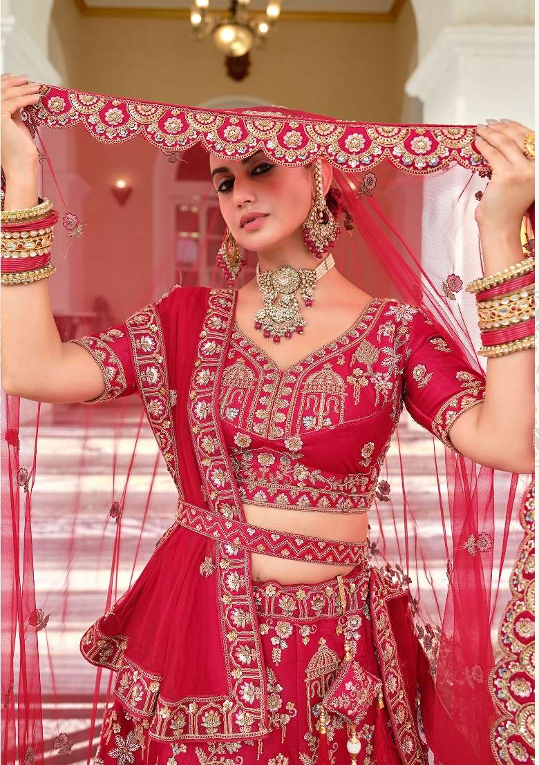 Red Embroidery Silk Lehenga Set - Indya
