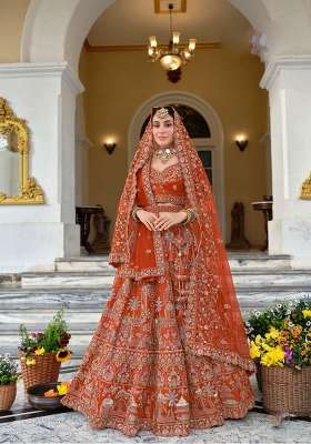 Rust Embroidery Silk Lehenga Set