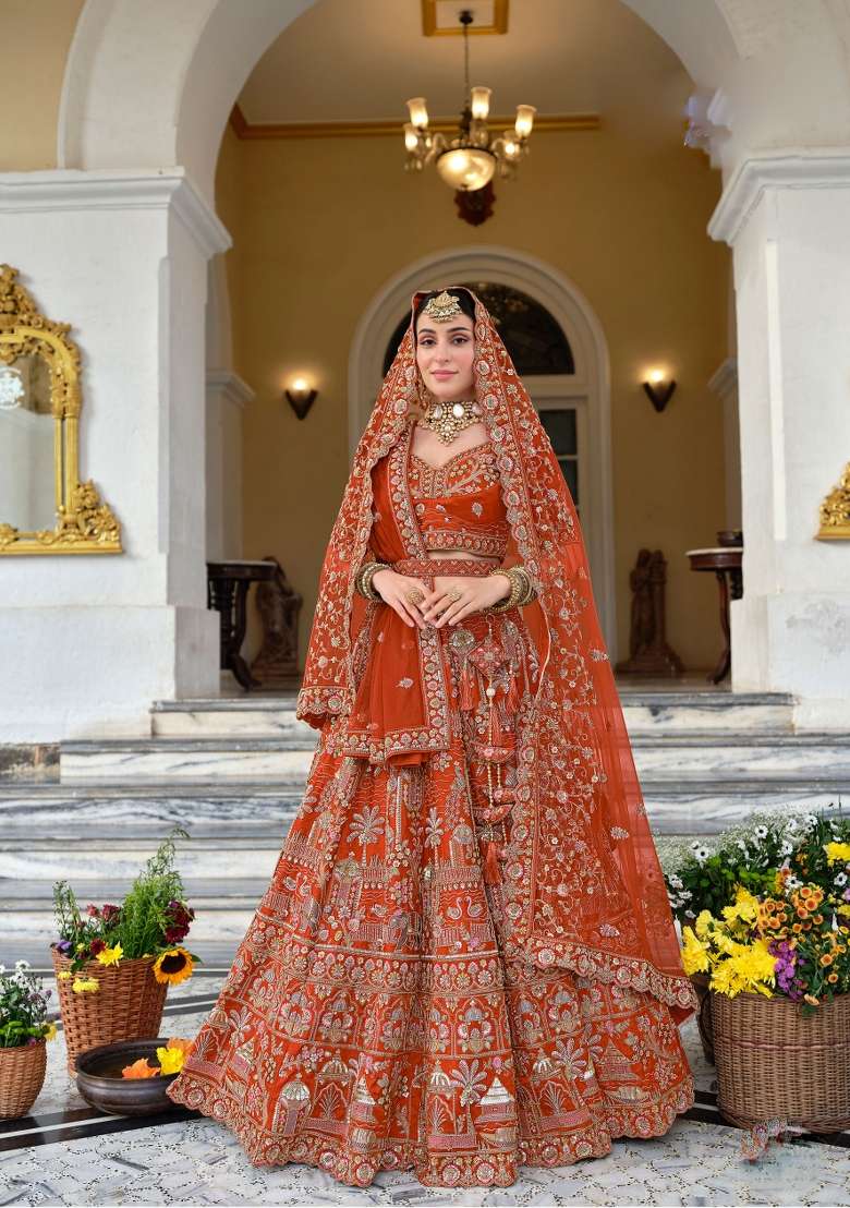 Rust Embroidery Silk Lehenga Set - Indya