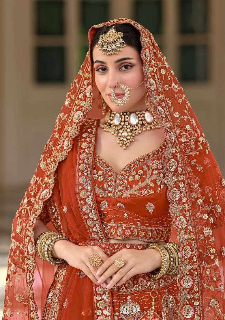 Rust Embroidery Silk Lehenga Set - Indya