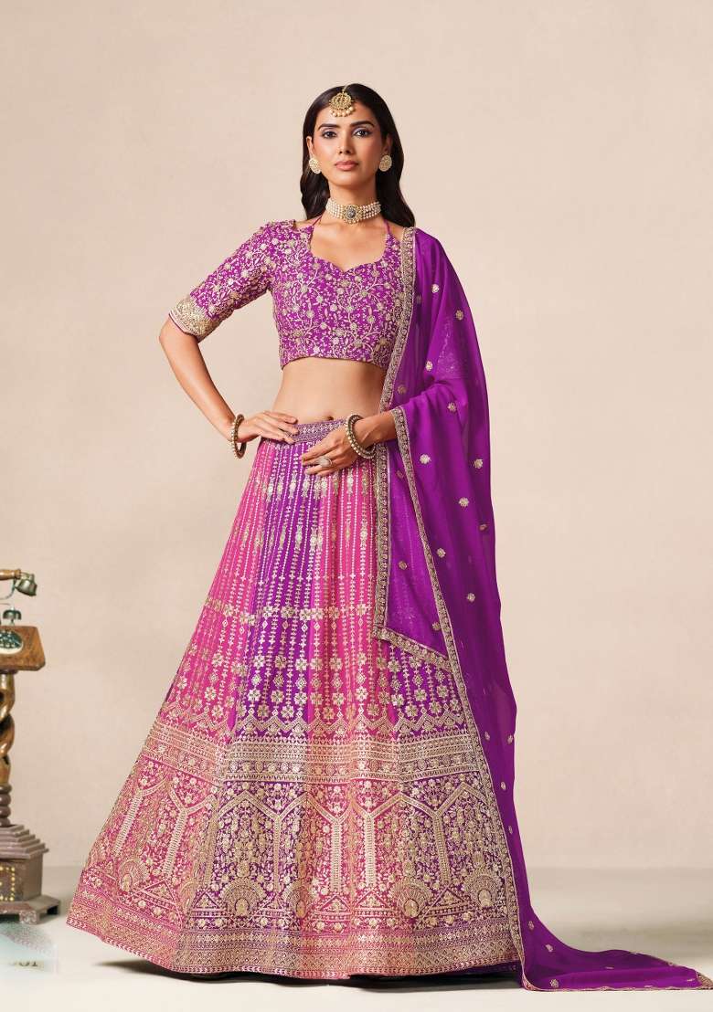Purple Embroidery Georgette Lehenga Set - Indya
