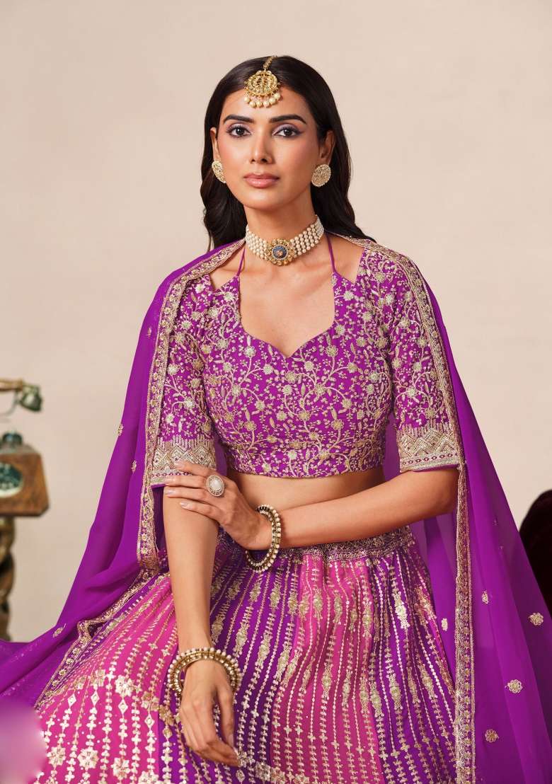 Purple Embroidery Georgette Lehenga Set - Indya