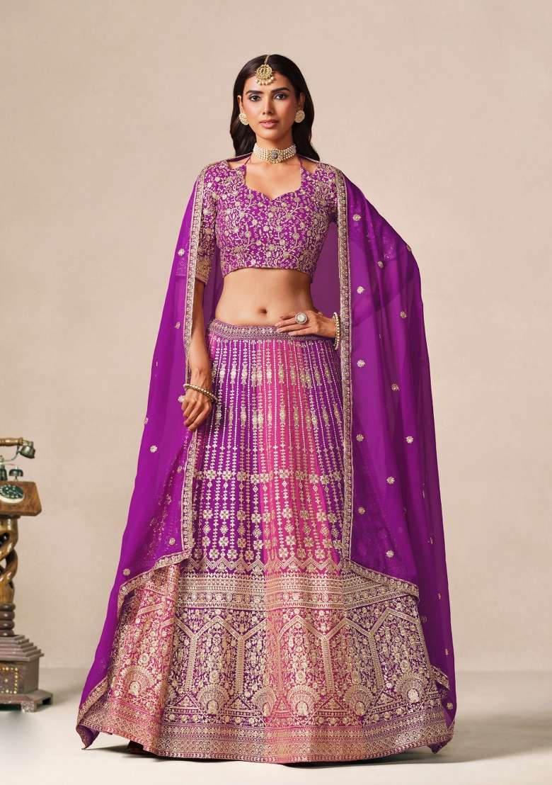 Purple Embroidery Georgette Lehenga Set - Indya