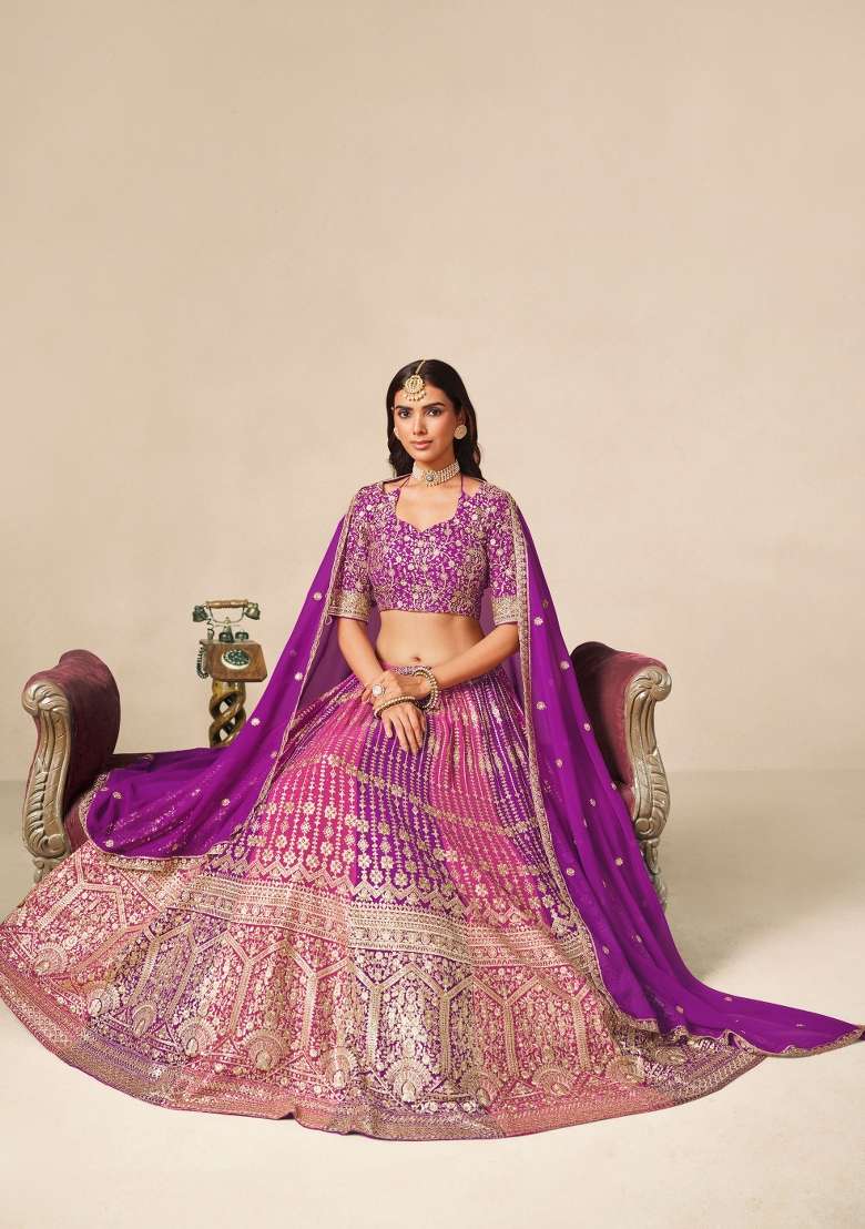 Purple Embroidery Georgette Lehenga Set - Indya