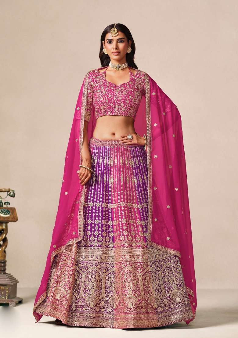 Pink Embroidery Georgette Lehenga Set - Indya