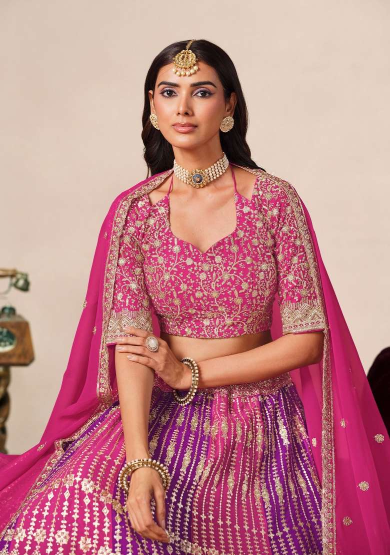 Pink Embroidery Georgette Lehenga Set - Indya