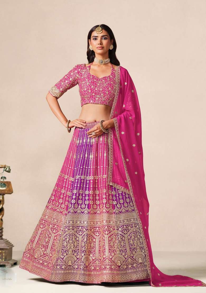 Pink Embroidery Georgette Lehenga Set - Indya