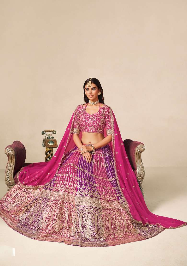 Pink Embroidery Georgette Lehenga Set - Indya