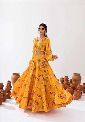 Yellow Printed Chinon Lehenga Set