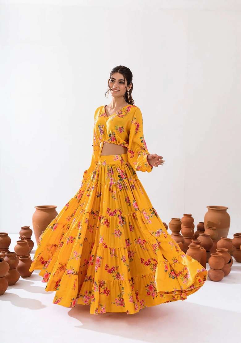 Yellow Printed Chinon Lehenga Set - Indya