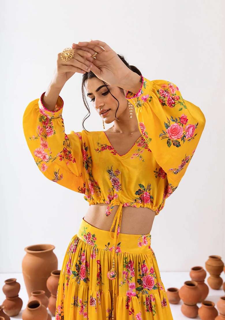 Yellow Printed Chinon Lehenga Set - Indya