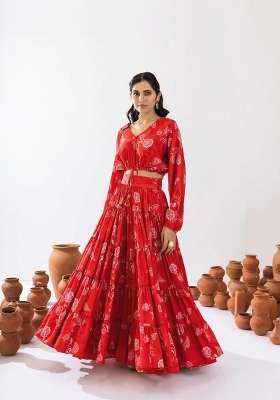 Red Printed Chinon Lehenga Set