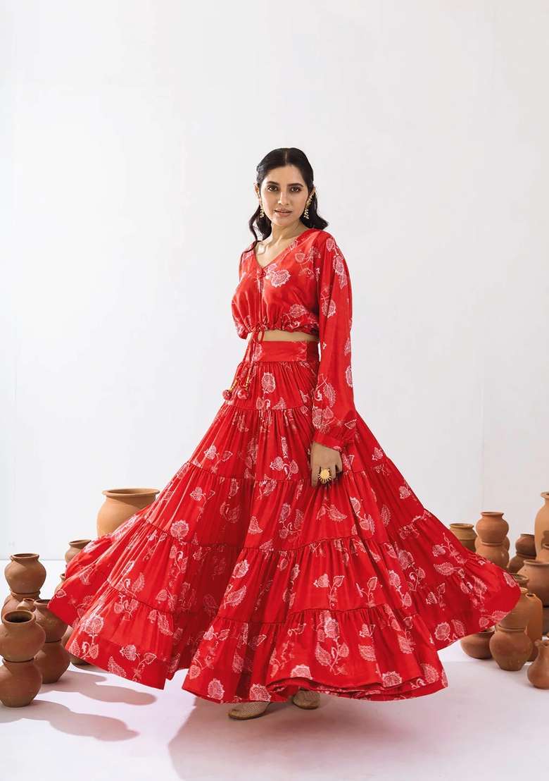 Red Printed Chinon Lehenga Set - Indya