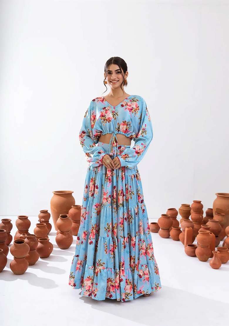 Sky Blue Printed Chinon Lehenga Set - Indya