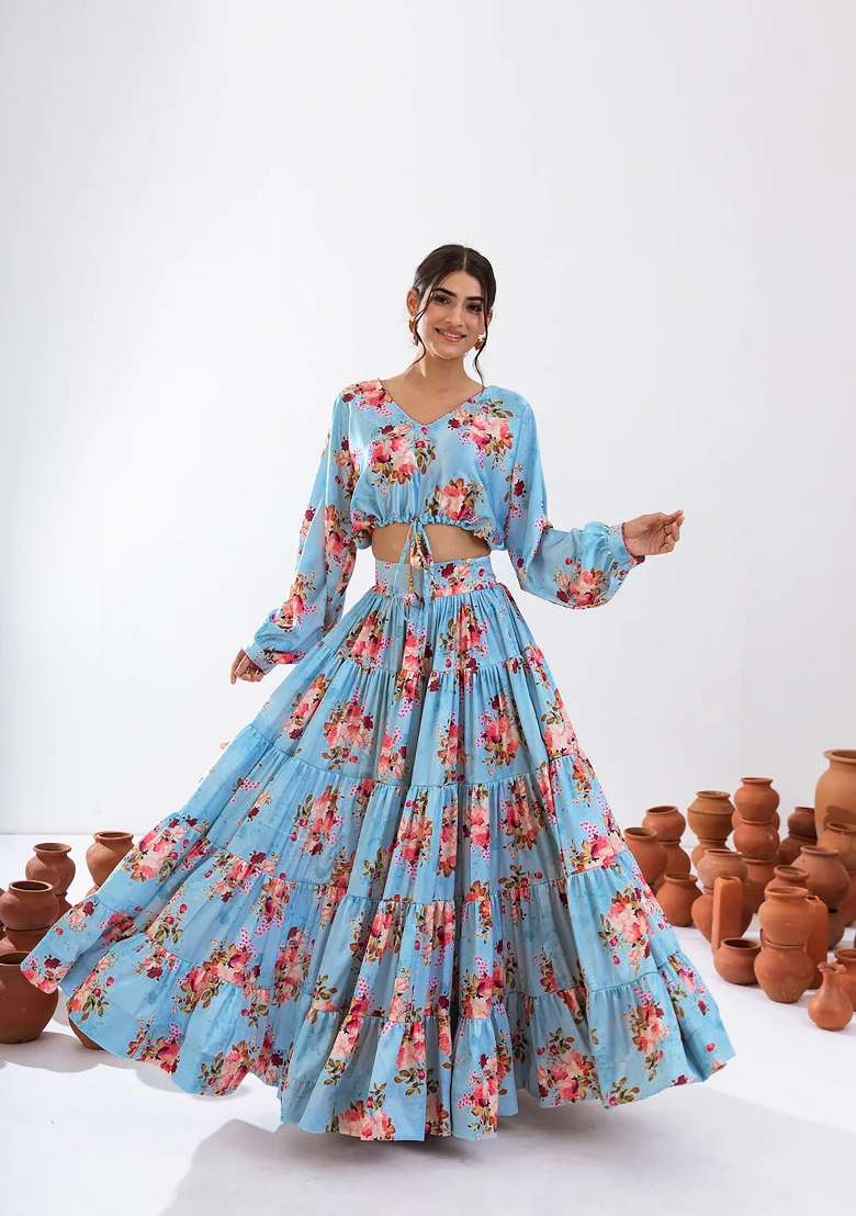 Sky Blue Printed Chinon Lehenga Set - Indya