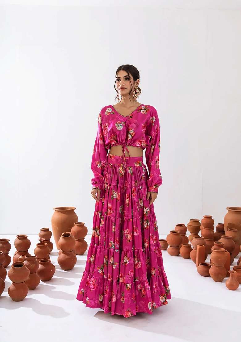 Rani Pink Printed Chinon Lehenga Set - Indya