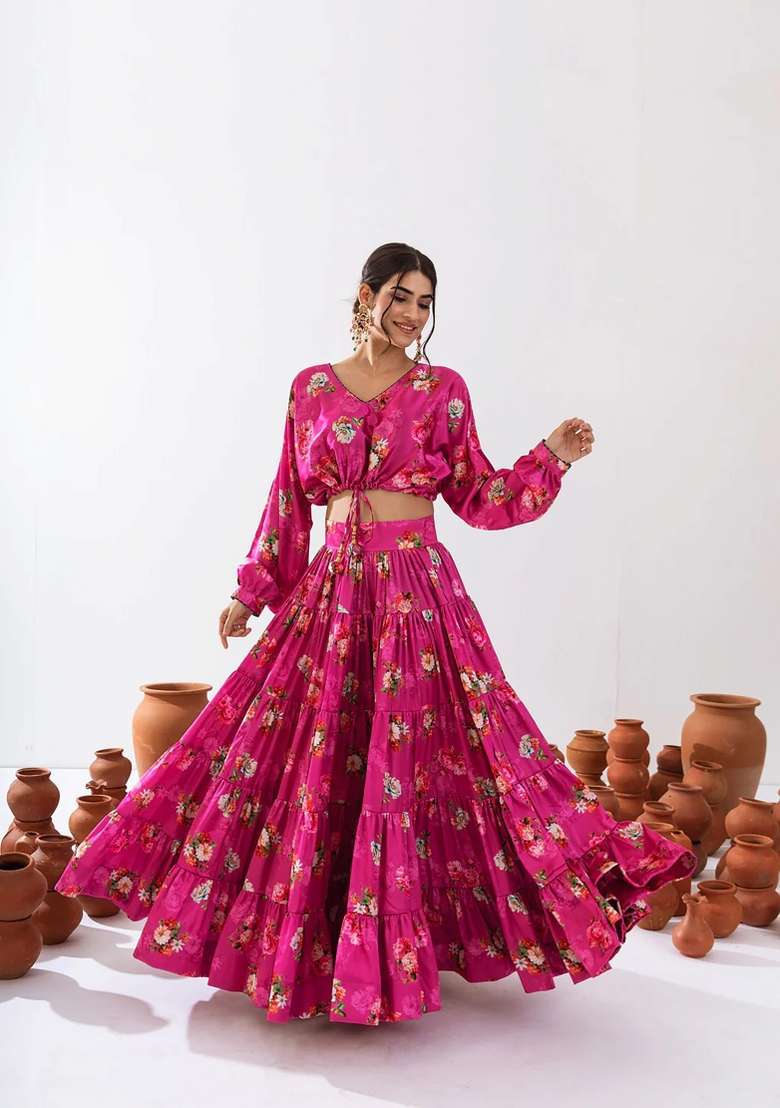 Rani Pink Printed Chinon Lehenga Set - Indya