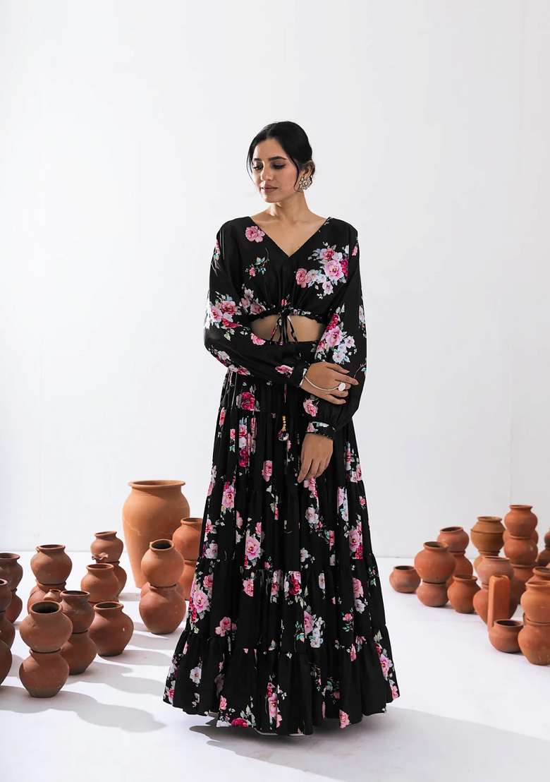 Black Printed Chinon Lehenga Set - Indya