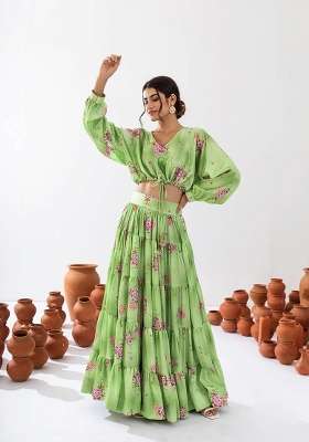 Light Green Printed Chinon Lehenga Set