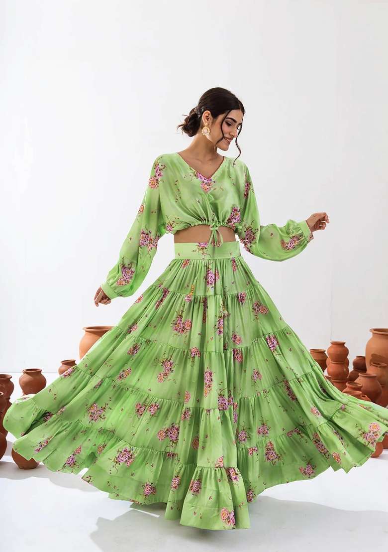 Light Green Printed Chinon Lehenga Set - Indya